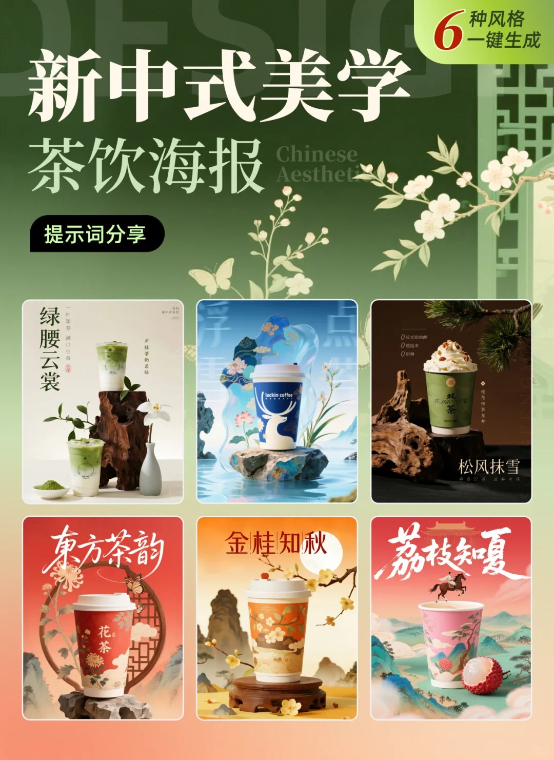 新中式美学茶饮海报，6种风格一键生成！