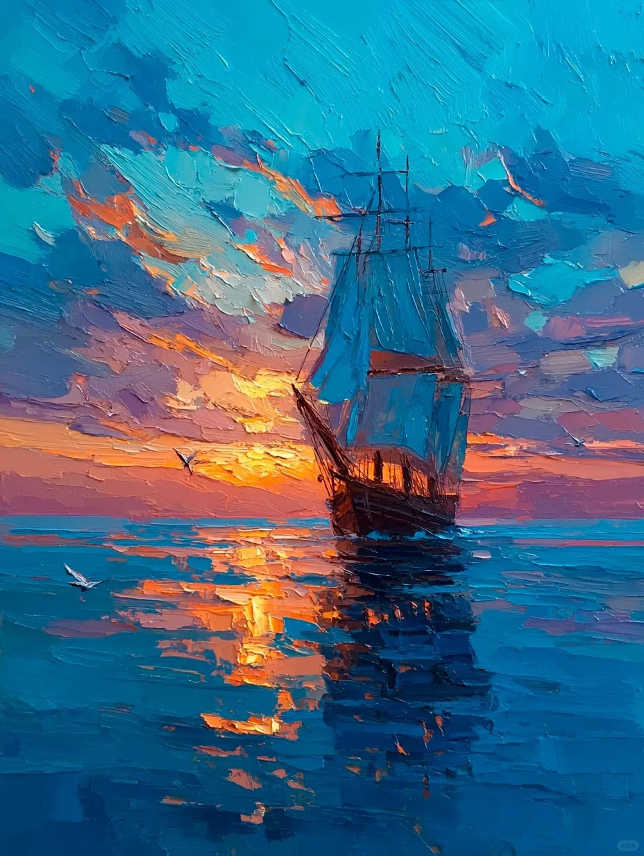 厚涂油画系列·夕阳，帆船［咒语］